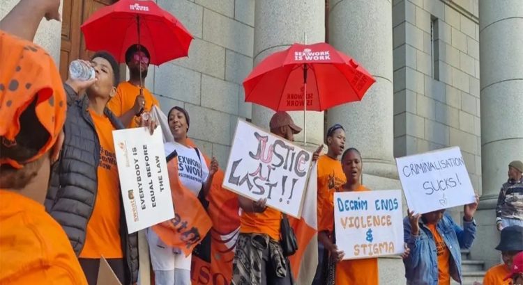 Activists from SWEAT gathered outside the courthouse in Cape Town in early September to support a constitutional challenge to the criminalization of sex work in South Africa.